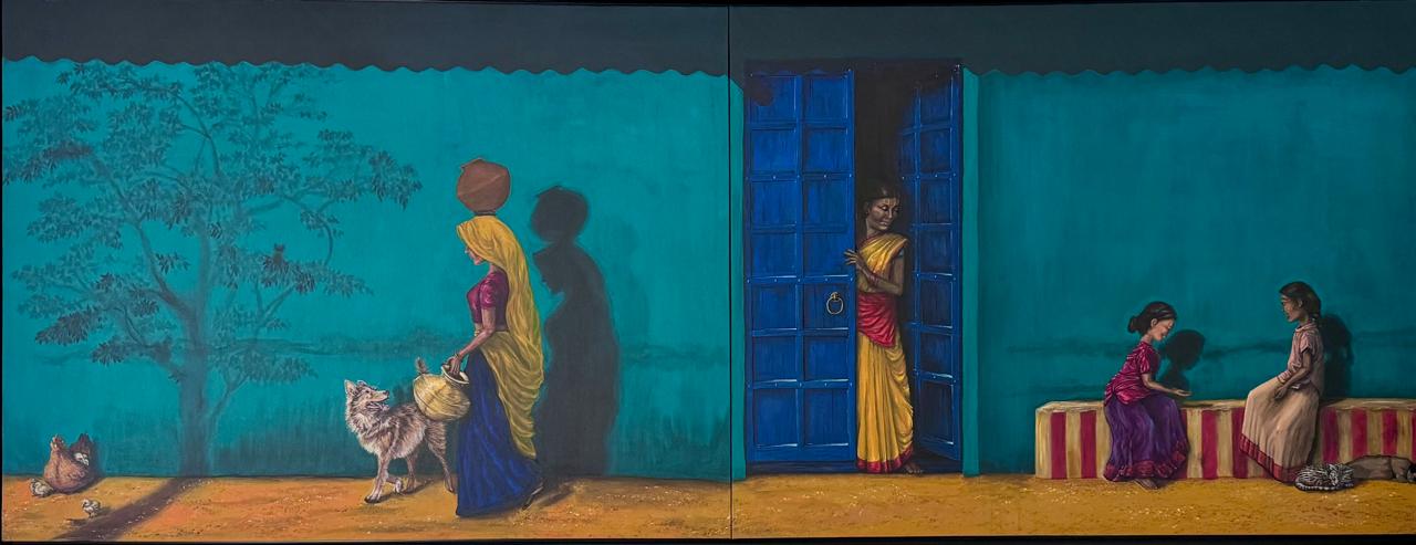 Two-panel painting: women, children, a dog and hens by a turquoise wall with a blue door