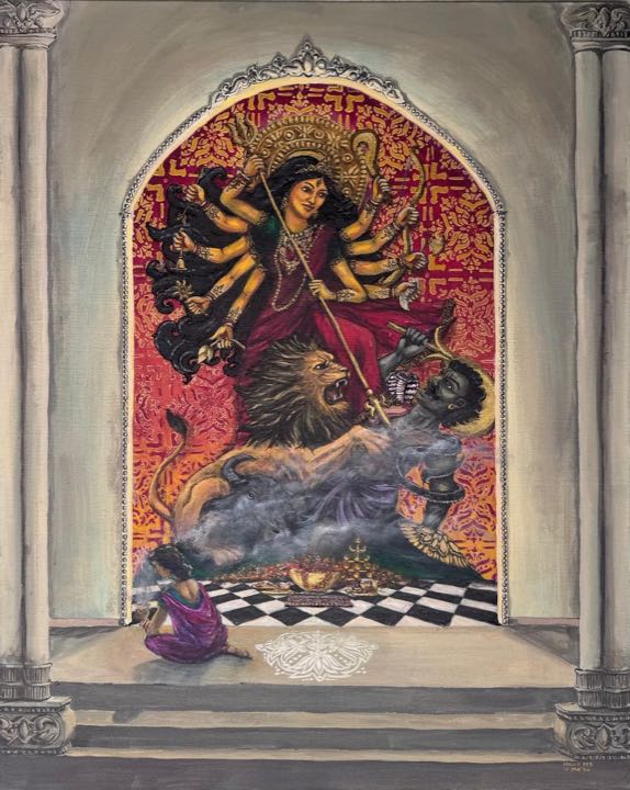 Durga on her lion slaying Mahishasura inside a temple arch, a woman praying before her