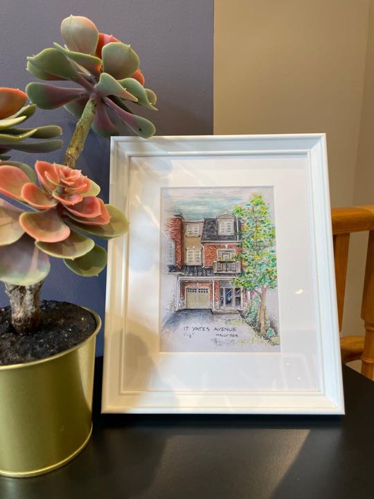 Framed ink and watercolour drawing of a brick house, 17 Yates Avenue