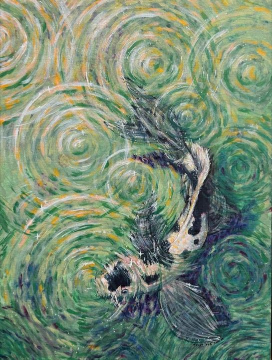 A koi fish seen from above among rain ripples on green water