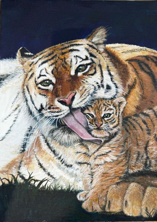 A tigress licking her cub against a night-blue sky
